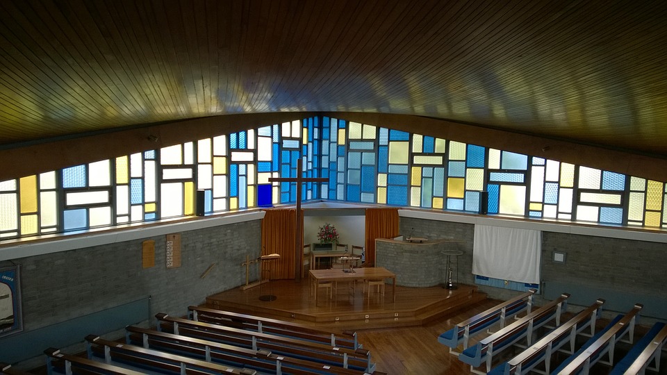 stained glass windows inside Boghall Church